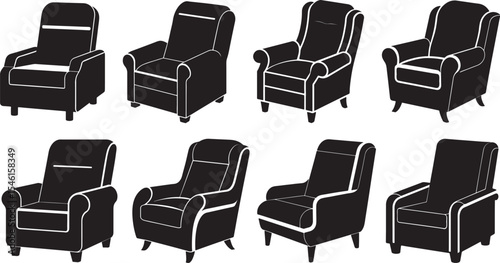 set of recliner chair silhouette, black and white silhouette, vector and illustration