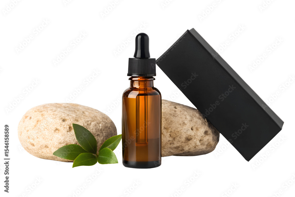 Naklejka premium Amber Glass Dropper Bottle with Stones and Packaging Premium Essential Oil Product Mockup