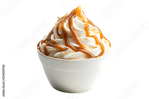 Vanilla soft serve ice cream with caramel topping on transparent background