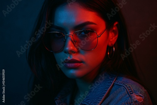 Striking Female Portrait with Sunglasses in Bold Neon Lighting