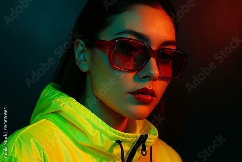 Stylish Neon Portrait of a Woman in Sunglasses with Dramatic Lighting