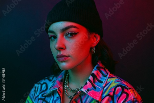 Vibrant Artistic Portrait of Woman in Colorful Lighting with Edgy Fashion