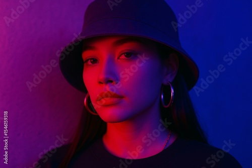 Vibrant Neon Portrait of Woman with Hat and Hoop Earrings