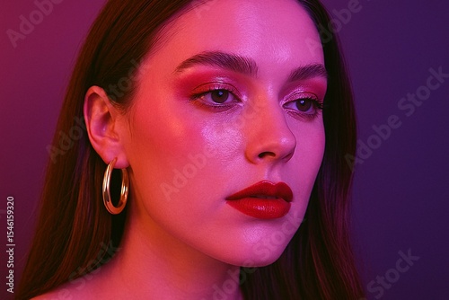 Vibrant Portrait of Woman with Bold Makeup and Gold Hoop Earrings in Neon Lighting