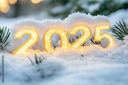 Happy New Year 2025 glowing numbers in snowy landscape with holiday lights