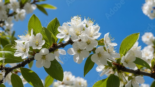White flowers arranged in corymbs of two to six together of Wild, sweet or gean cherry (Prunus avium) in sunlight in early spring