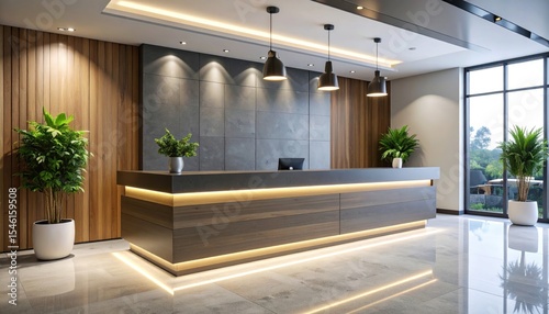 Modern lobby reception desk with wood and stone accents.  Illuminated by warm lighting.  Plants and hanging lamps add a touch of nature.  Large windows showcase a view