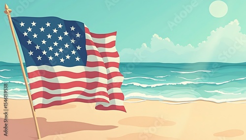 American Flag Waving on Beach by Ocean Perfect for Patriotic Themes