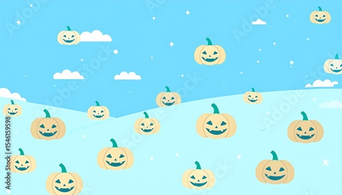 Autumn pumpkins with sky, and hills.