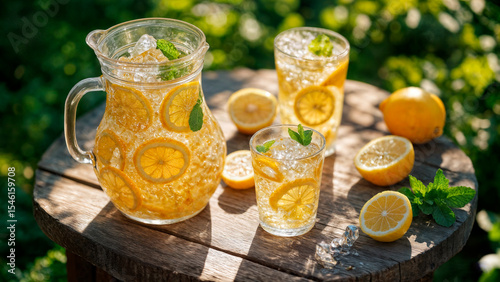 Top-down photo of a glass pitcher and cups filled with homemade lemonade. High quality photo