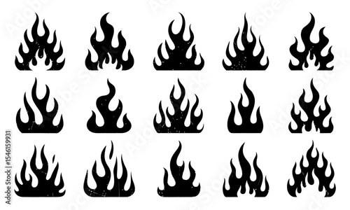 Grunge Flame Icon Set. Distressed Black Fire Silhouettes Collection
