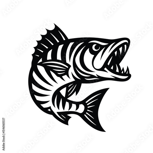Striped Tiger Fish Vector Silhouette, Ferocious imaginary tiger fish silhouette with stripes on body in black on white background vector