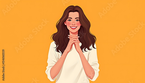 Happy woman with clasped hands, expressing joy on a yellow background.