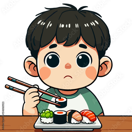 Cartoon Boy Eating Sushi with Chopsticks on Plate Illustration Design