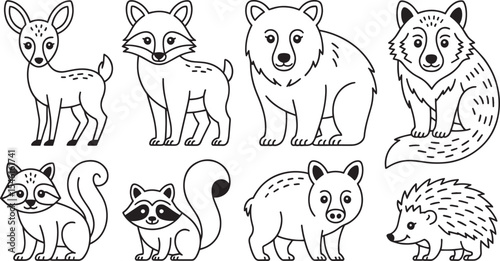 Eight Adorable Blackand White Line Drawn Forest Animals Deer Fox Bear Wolf Raccoon Hedgehog and Peccary Cute