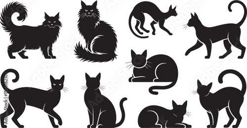 Nine Black Cat Silhouettes Various Poses Fluffy Longhaired Short Hair Domestic Animals cats 1