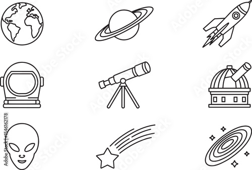 Nine Black Line Drawings of Space Exploration Icons Including Earth Planet Saturn Rocket Astronaut Helmet 1