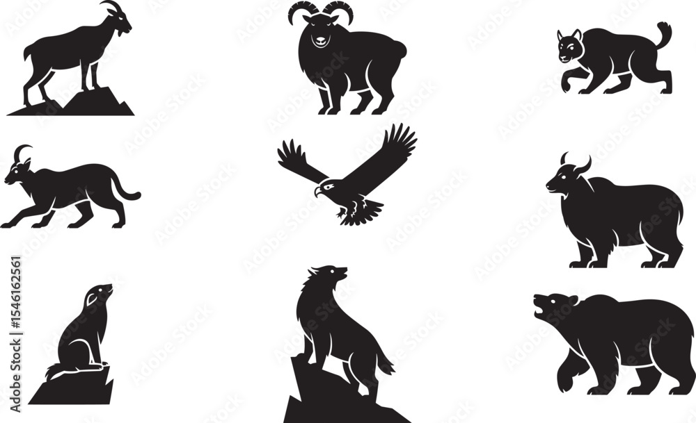 Naklejka premium Nine Black Silhouettes of Wild Animals Mountain Goat Ram Lynx Goat Eagle Yak Hare Wolf Bear on White Background 1