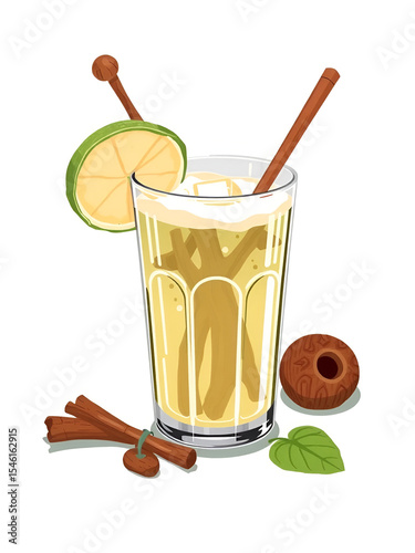 Fijian Cuisine, Illustration of Kava Drink or Traditional Beverage Made From The Roots of The Kava Plant Mixed with Water. One of The Most Popular Drink in Fiji.