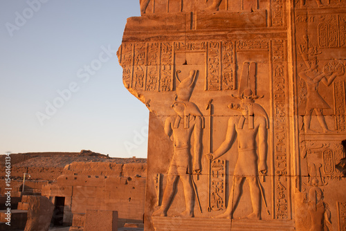 Ancient egyptian carvings on the walls of Kom Ombo temple in Aswan, Egypt