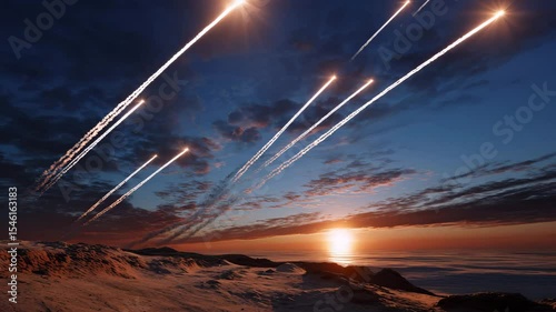 A group of ballistic missiles are launched. Behind them, smoke and fire, white flames, the missiles fly straight into the sky, long streaks of light behind each one. The distant horizon is visible.