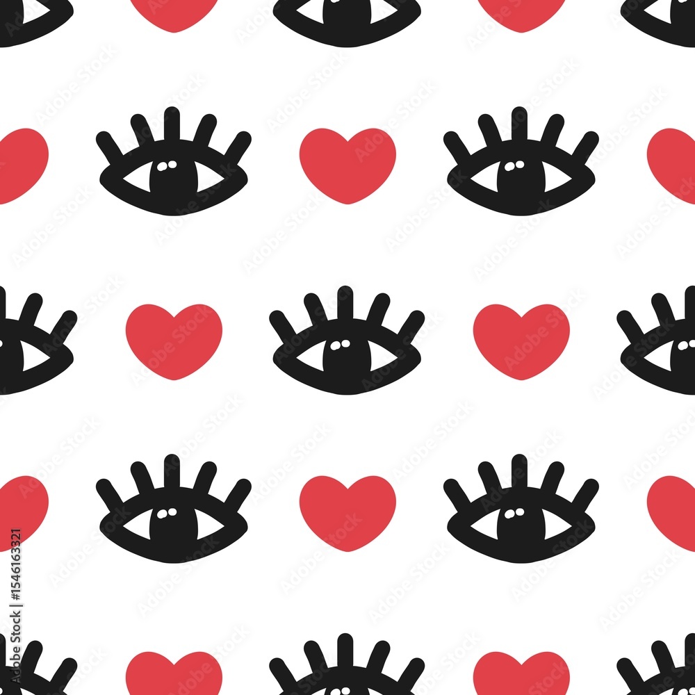 Obraz premium Trendy pattern with bold black eyes and red hearts on white. Fun, minimal, and modern design, great for fashion, print, or quirky romantic projects. 
