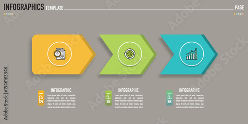 Arrow infographic template or element with 3 step, process, option, colorful rectangle, icons, triangle, paper origami, button, tag, circle, circular, square bar for sale slide, internet planner