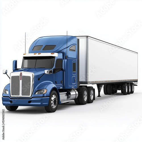 Blue semi truck with trailer front view on white background