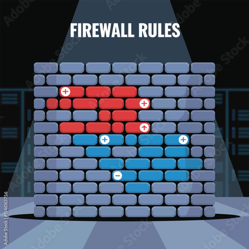 Firewall Rules Graphic Red Blue Bricks Plus Minus Symbols