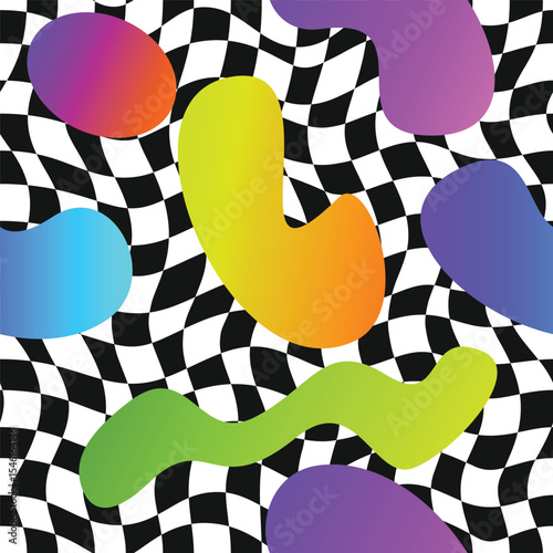 Abstract colorful geometrical Pattern Fashion Ornament with Black and white checker seamless pattern background	
