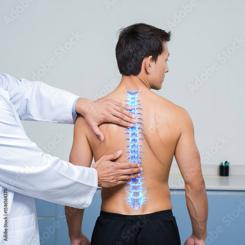 Doctor Examining Male Patient's Spine with Digital Overlay in Modern Clinic, Healthcare and Orthopedic Concept