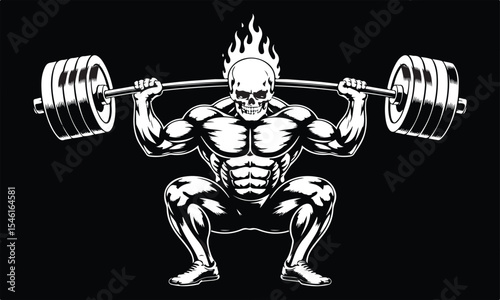 Flaming skull bodybuilder weightlifting barbell