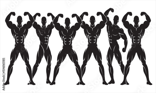 Silhouette of six muscular bodybuilders posing