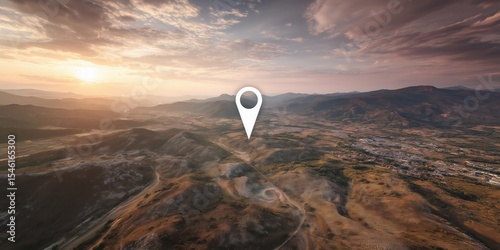 Scenic aerial landscape with large white location pin icon at sunset. Travel concept.