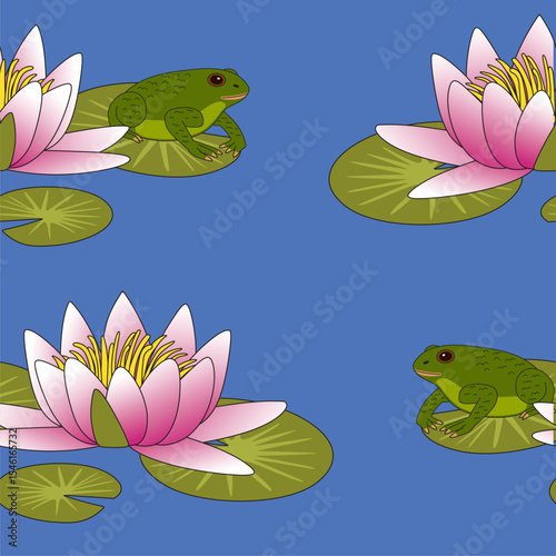 Cute frogs singing in lake with lotus flower seamless pattern.