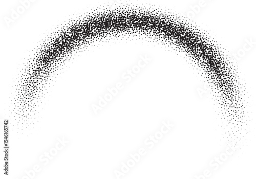 Dotted grainy gradient shape. Black circle brush stroke. Abstract sand texture. Fluid splash and halftone element. Gritty geometric diffused round