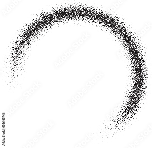 Dotted grainy gradient shape. Black circle brush stroke. Abstract sand texture. Fluid splash and halftone element. Gritty geometric diffused round