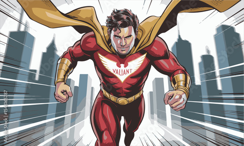 Valiant superhero flying through cityscape