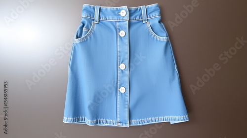 A blue denim skirt with high-waist design, front button, side pockets, and flared hem.