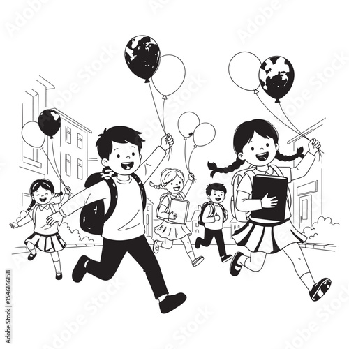 Happy Children Running with Balloons Backpacks School Books City Street