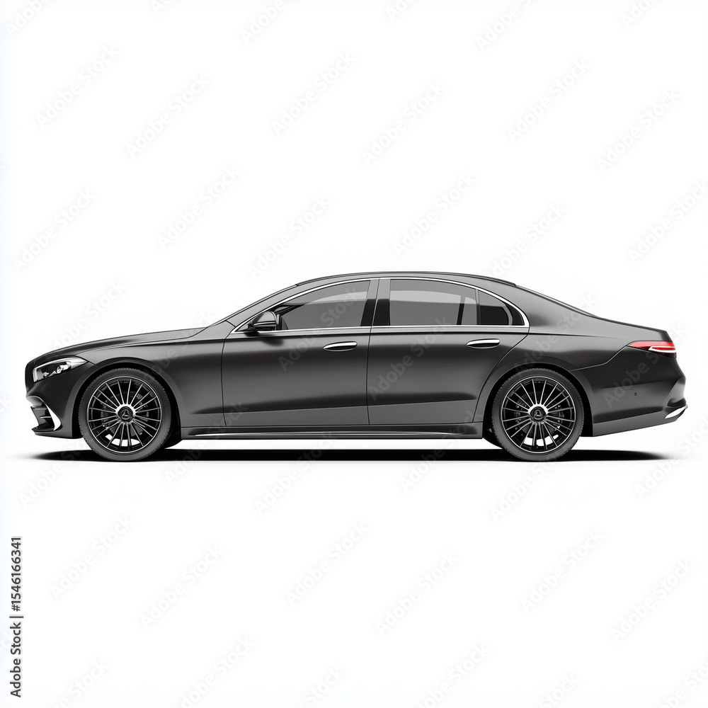 Fototapeta premium Black luxury sedan side view on white background