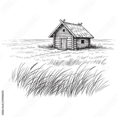 Log Cabin in Tall Grass Field Black and White Drawing
