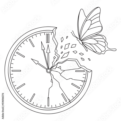 Shattered Clock Face Butterfly Escape Line Art broken