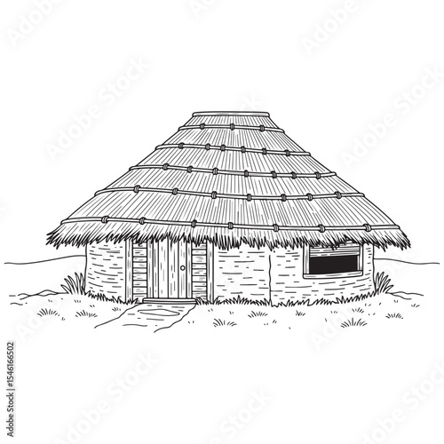 Thatched Roof Hut Drawing Black and White Simple House Illustration
