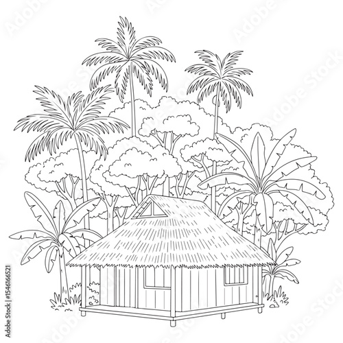 Tropical Thatched Hut Jungle Palm Trees Bungalow Line Drawing