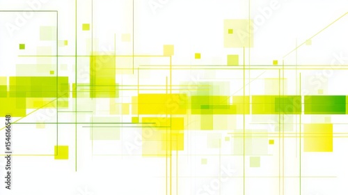 Abstract geometric pattern with overlapping semi-transparent squares and rectangles in yellow, lime green, and light green, enhanced by thin straight lines on a clean white background.