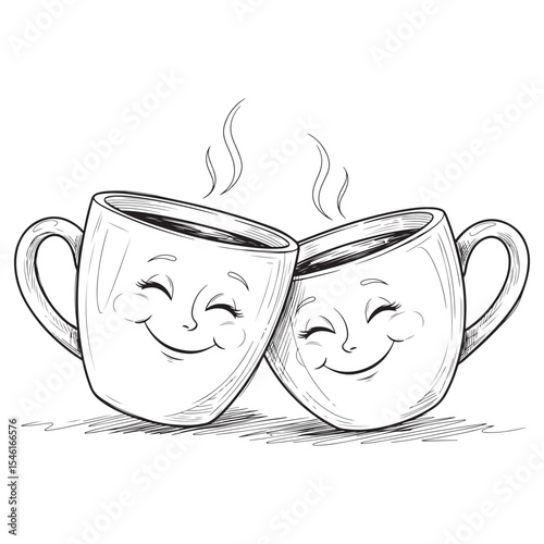 Two Smiling Coffee Mugs Sketch Hot Drink Steam Cozy