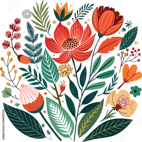 Seamless floral pattern design with decorative flowers and leaves in a natural style