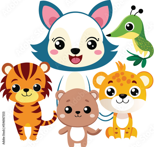 Whimsical Wildlife Ensemble: A delightful collection of adorable cartoon animals, each with their own unique charm and vibrant colors, creating a playful and inviting scene that's sure to delight.