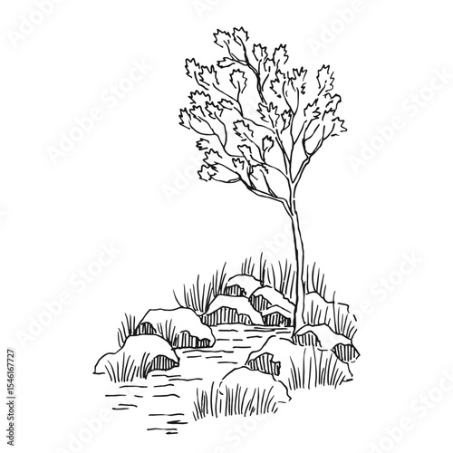 Landscape with waterfall, rocks, tree. Hand drawn vector illustration.